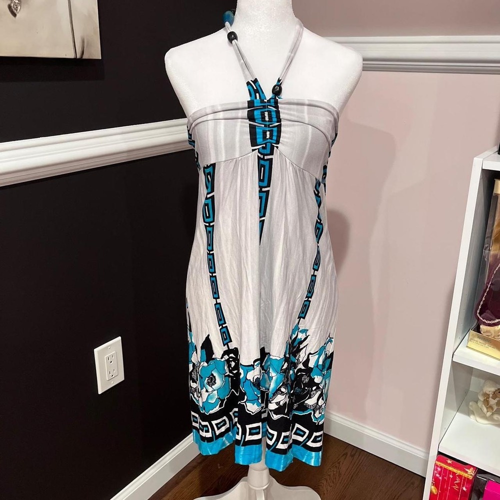 Y2K Turquoise Geometric Print Beaded Halter Midi Dress‎ Sundress Small
